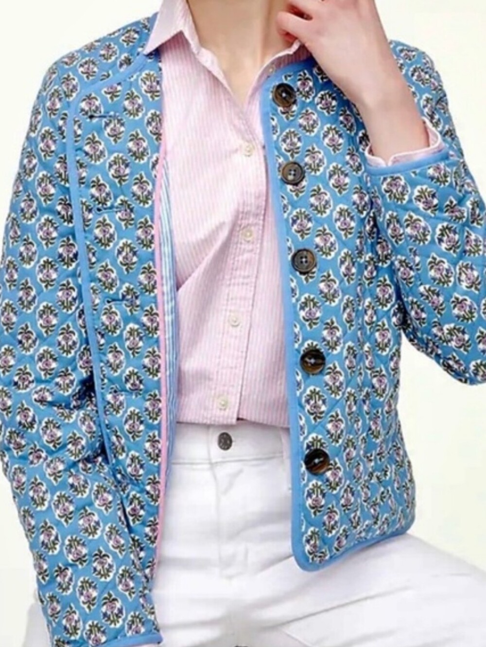 J. Crew Block Print Floral Quilted Jacket Blue Cottagecore Coastal Preppy Size 2